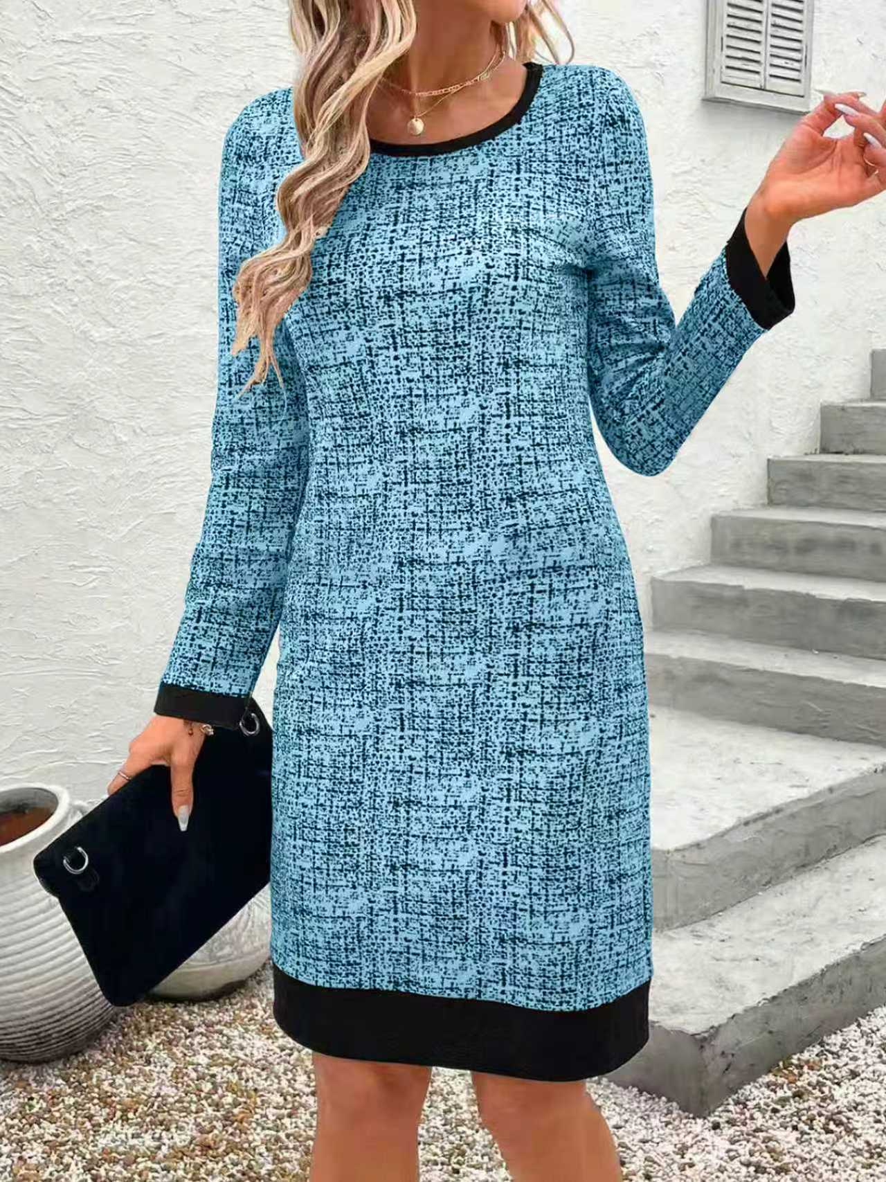 Norvielle Damen Rundhals Schmal Knielang Kleid