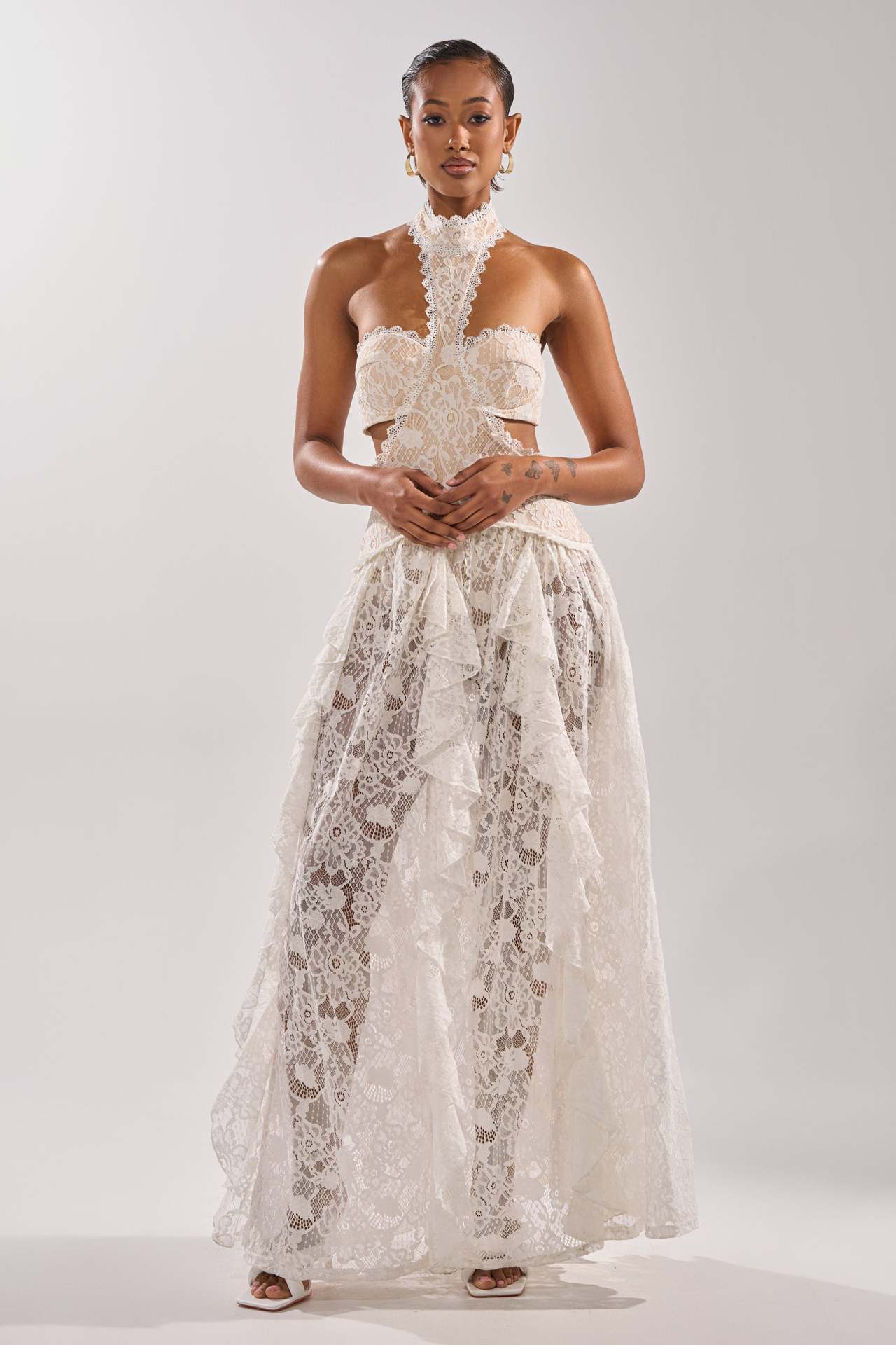 Damen Spitzentraumkleid Hochgeschlossener Kragen Fließender Rock