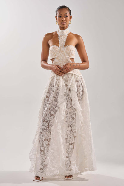 Damen Spitzentraumkleid Hochgeschlossener Kragen Fließender Rock