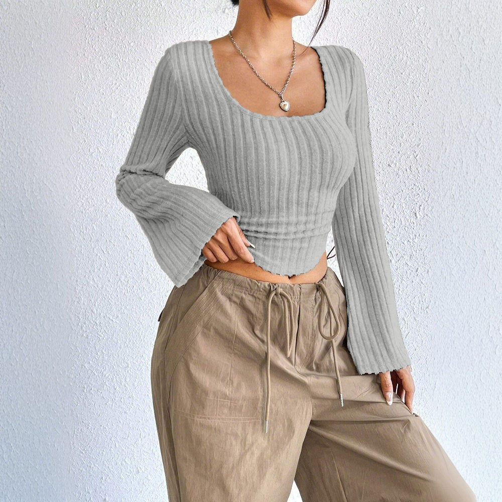 Damen Langarm Crop Rippdesign Abgerundet Norvielle