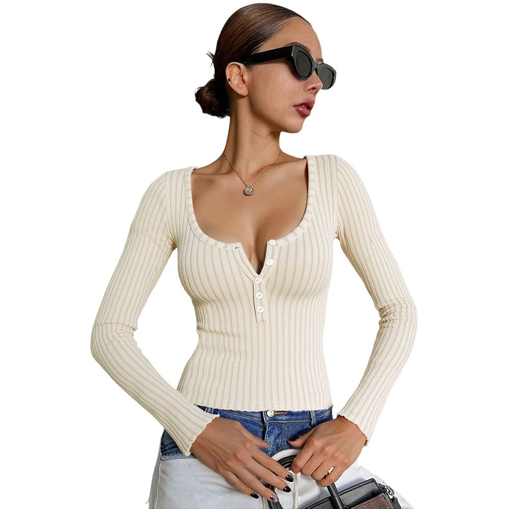 Damen Langarmshirt V-Ausschnitt Knopfdetails Norvielle