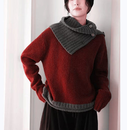 Damen Pullover Grobgestrickt Asymmetrischer Kragen Beige