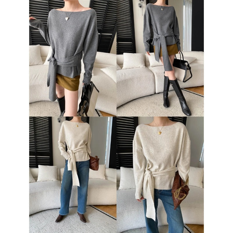 Damen Wollpullover mit Bindegürtel Norvielle