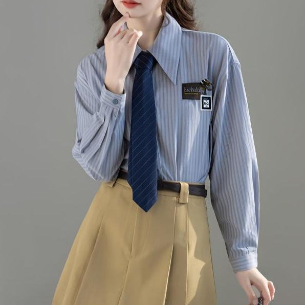 Damen Klassische Bluse Gestreift Moderner Kragen Weiß