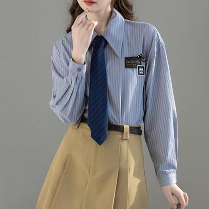 Damen Klassische Bluse Gestreift Moderner Kragen Weiß