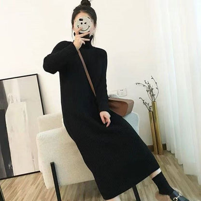 Damen Rippstrickkleid Hoher Kragen Langer Schnitt