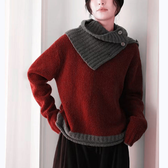 Damen Pullover Grobgestrickt Asymmetrischer Kragen Beige