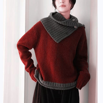 Damen Pullover Grobgestrickt Asymmetrischer Kragen Beige