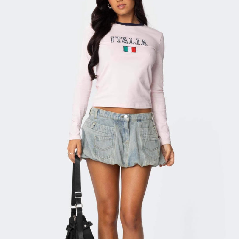 Damen Langarmshirt Italienischer Schriftzug Modernes Design Norvielle - Norvielle