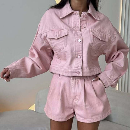 Damen Denimjacke Kurzärmelig Mit Shorts Blau - Norvielle