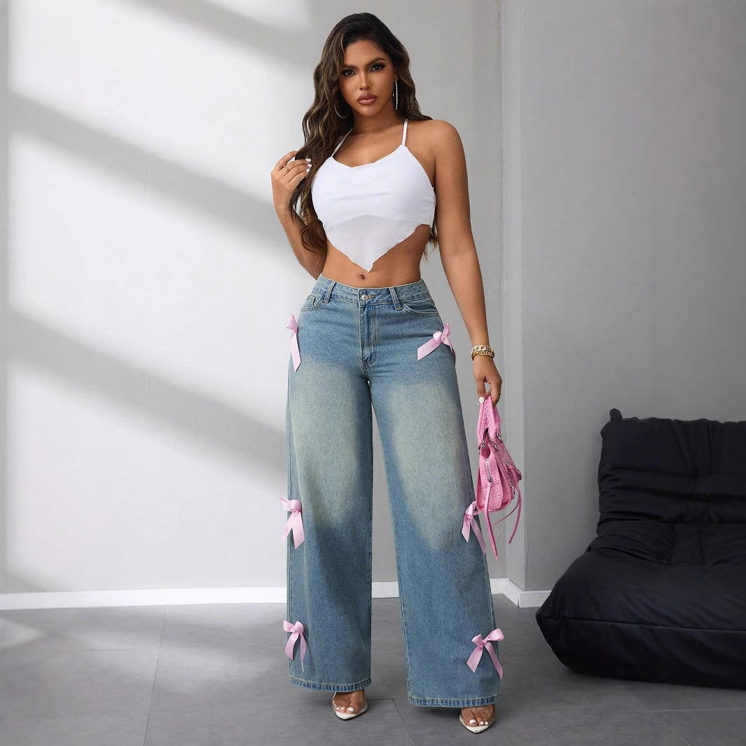 Damen High-Waist Jeans Weite mit Schleifenapplikationen