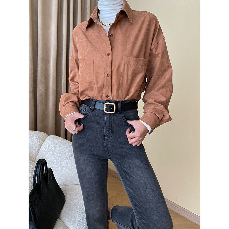 Damen Oversized Hemdbluse aus Baumwolle mit Taschen Beige