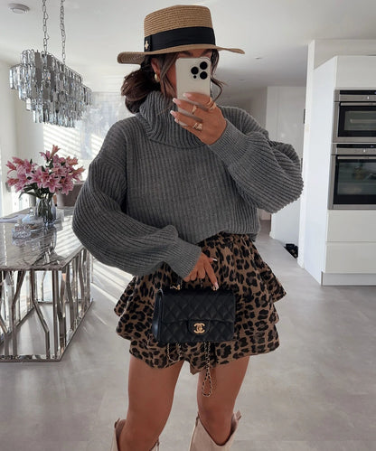 Damen Grobstrickpullover Hochkragen Weite Ärmel Norvielle