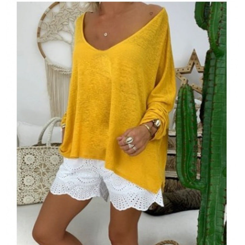 Damen Oversize-Shirt V-Ausschnitt Länge Langärmelig Weiß Norvielle