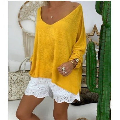 Damen Oversize-Shirt V-Ausschnitt Länge Langärmelig Weiß Norvielle