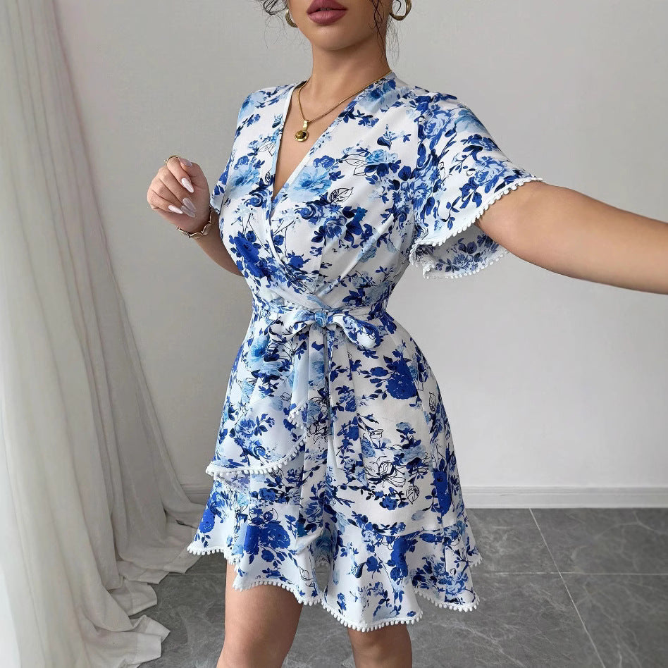 Damen Wickelkleid mit Rüschendetails und Taillengürtel Floralmuster