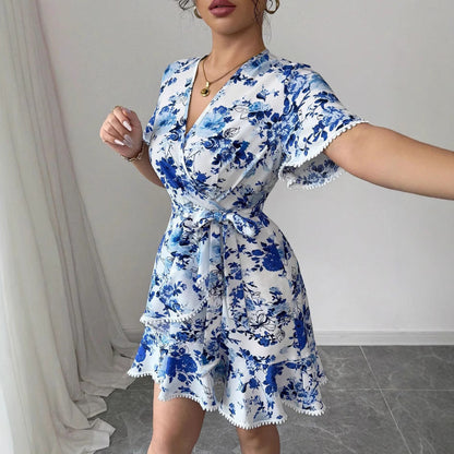 Damen Wickelkleid mit Rüschendetails und Taillengürtel Floralmuster