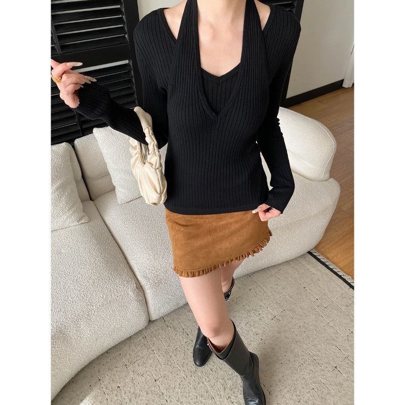 Damen Strickpullover V-Ausschnitt mit Cut-Outs Norvielle
