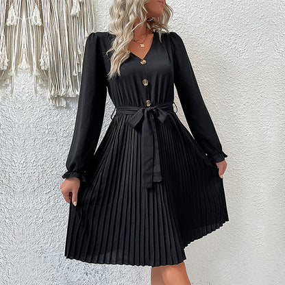 Damen Wickelkleid Plissee mit Knöpfen und Taillengürtel Norvielle