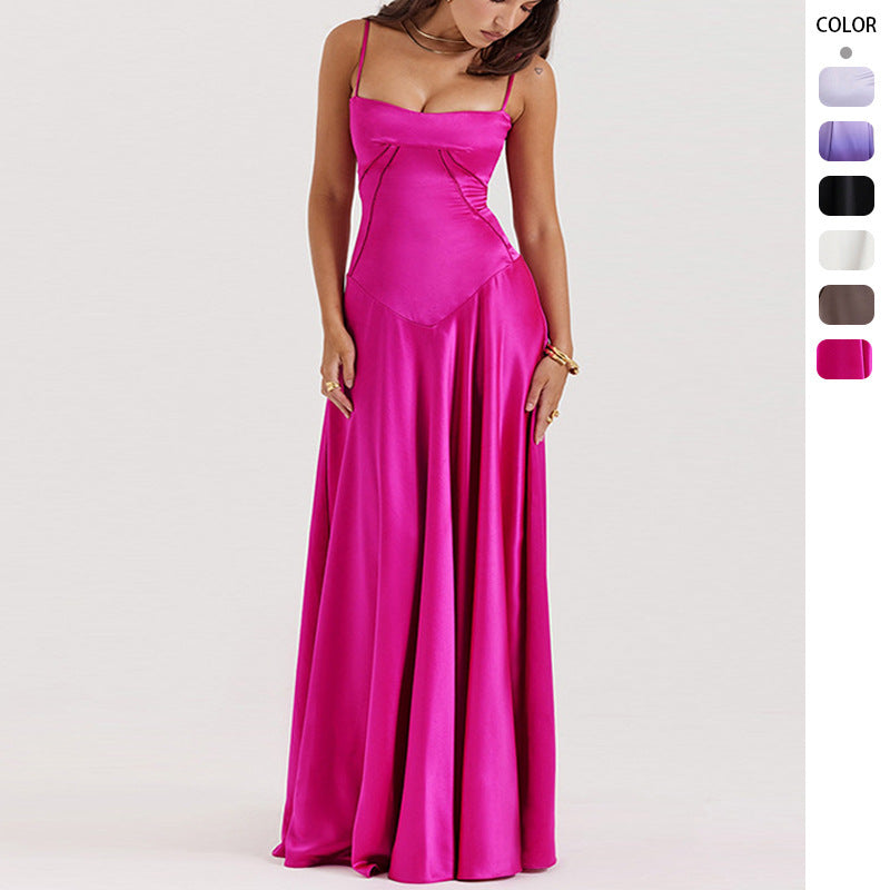 Damen Satin Maxikleid mit Trägern Figurbetont Schwarz - Norvielle