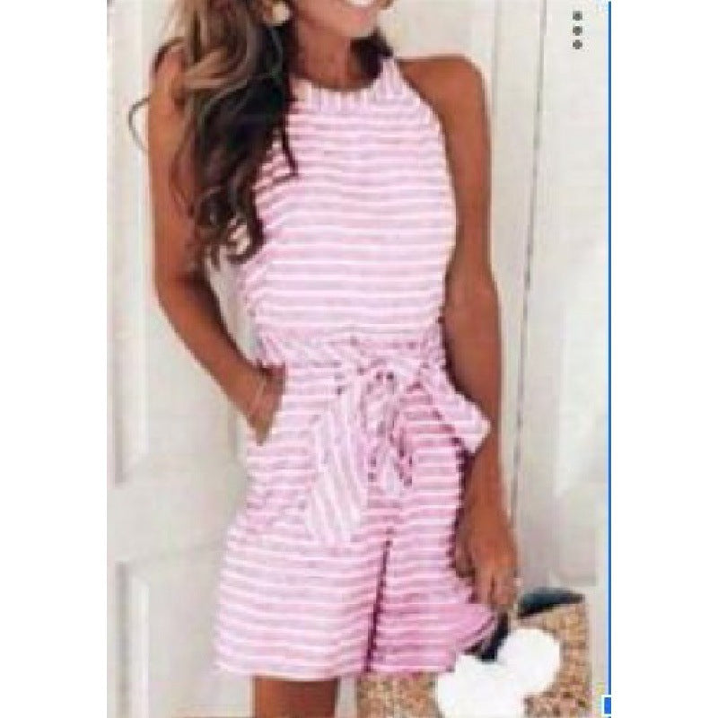 Damen Jumpsuit mit Bindegürtel Gestreift