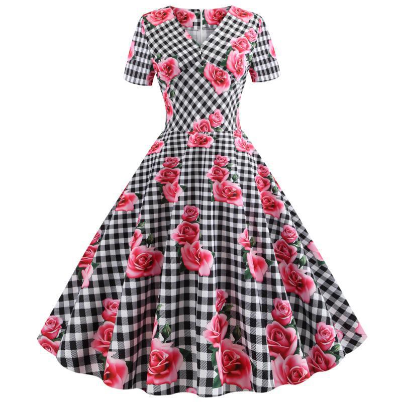 Damen Rockabilly Kleid Florales Karomuster - Norvielle