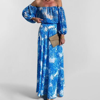 Damen Maxikleid Off-Shoulder Floralmuster Weiter Rock