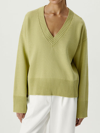 Damen Strickpullover V-Ausschnitt Breite Bündchen Norvielle
