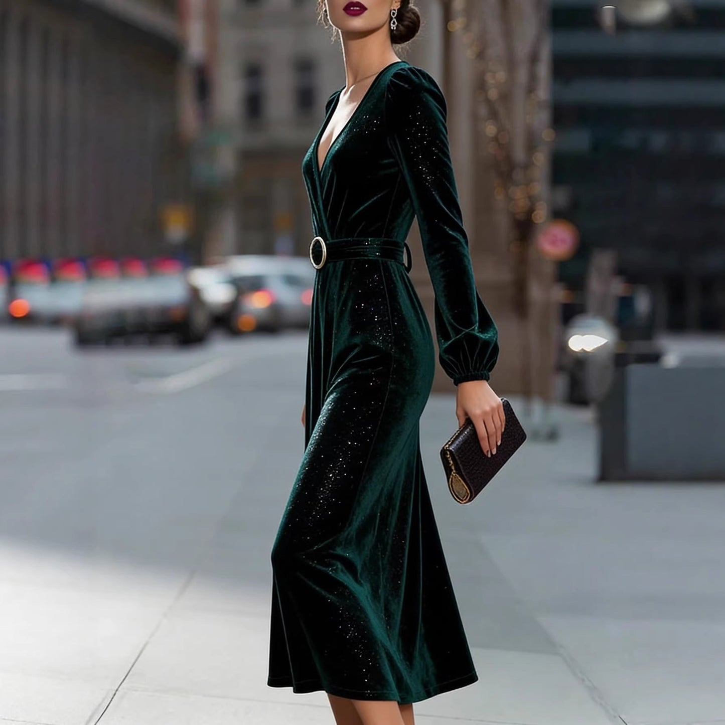 Damen Midikleid Samt Optik Glitzer Akzente Elegantes Design