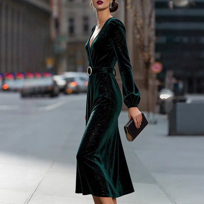 Damen Midikleid Samt Optik Glitzer Akzente Elegantes Design