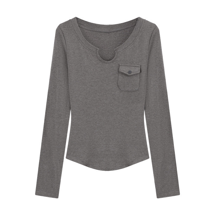Damen Langarmshirt Slim-Fit Rundhals Brusttasche Norvielle