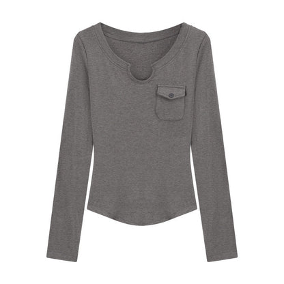 Damen Langarmshirt Slim-Fit Rundhals Brusttasche Norvielle