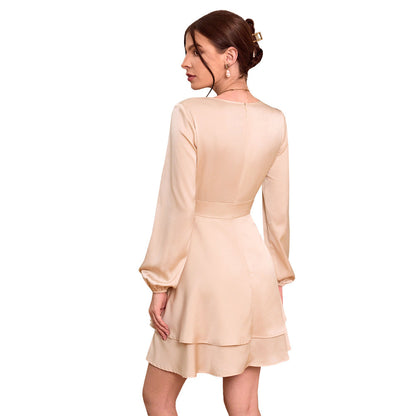 Damen Wickelkleid aus Satin mit langem Arm schimmernd