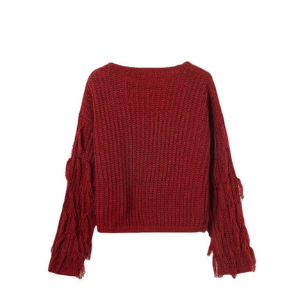 Damen Strickpullover mit Fransen Ärmeln und Komfortschnitt
