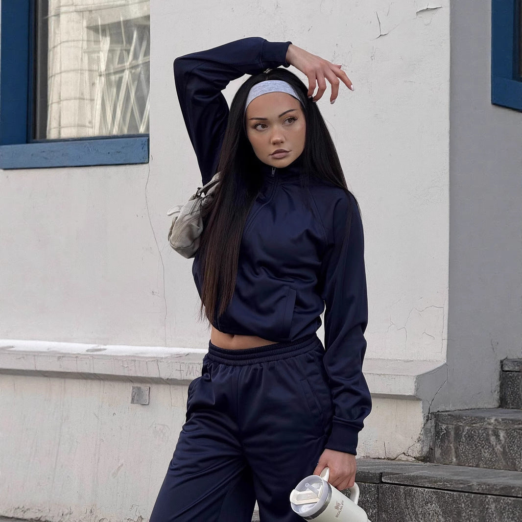 Damen Sportlicher Zweiteiler Cropped Jacke Elastische Jogginghosen