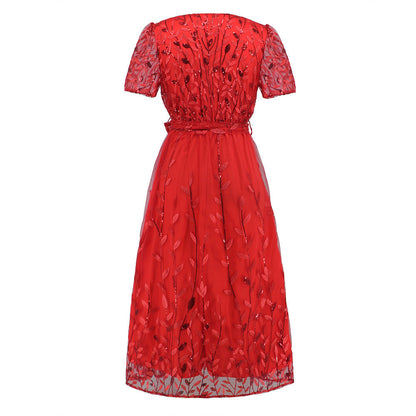Norvielle Damen Midi Kleid V-Ausschnitt Kurzärmelig mit Gürtel