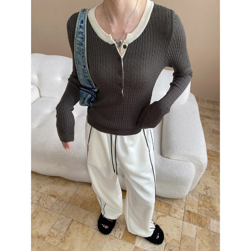 Damen Henley Pullover Rippstruktur Norvielle