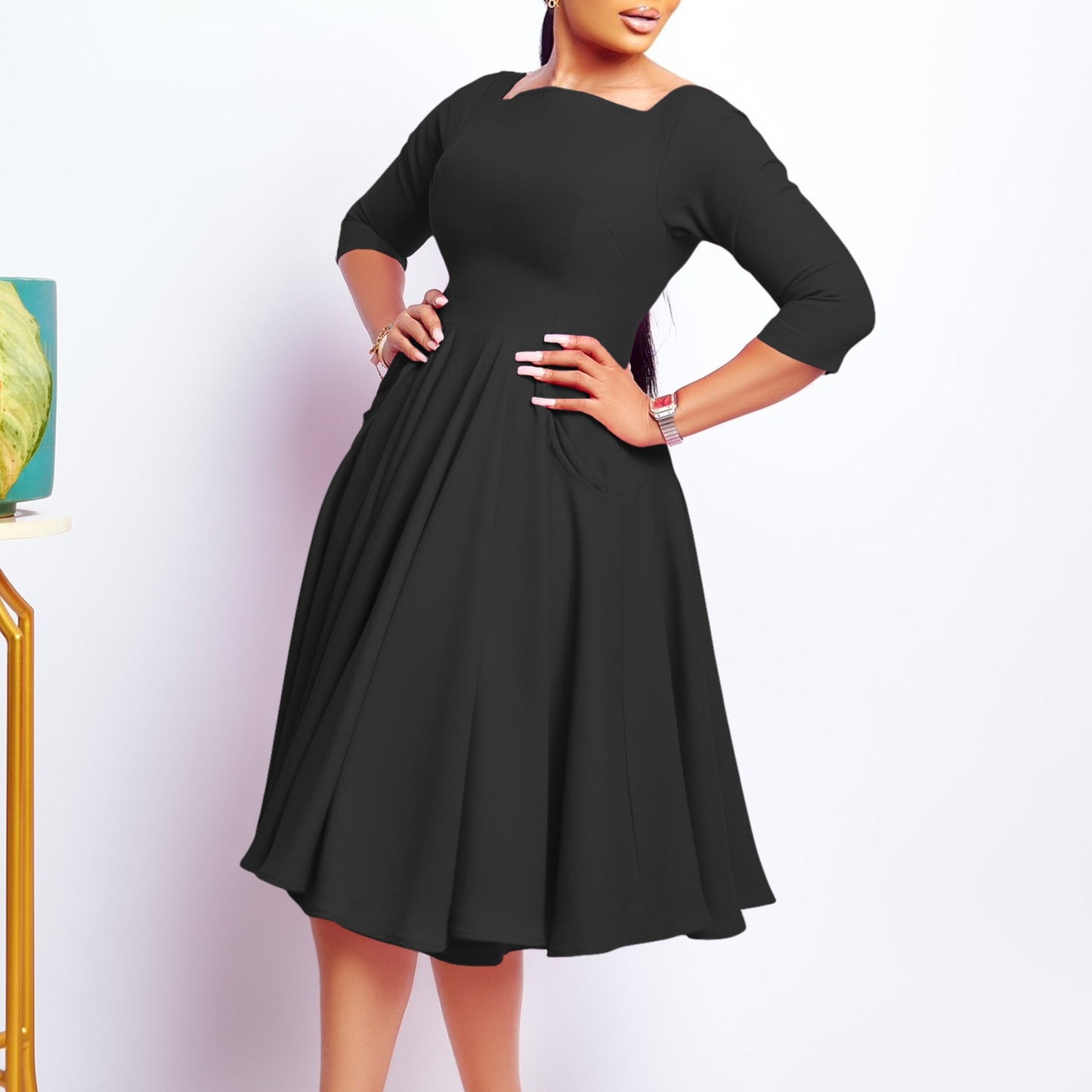 Damen A-Linien Kleid mit V-Ausschnitt und Taschen Norvielle