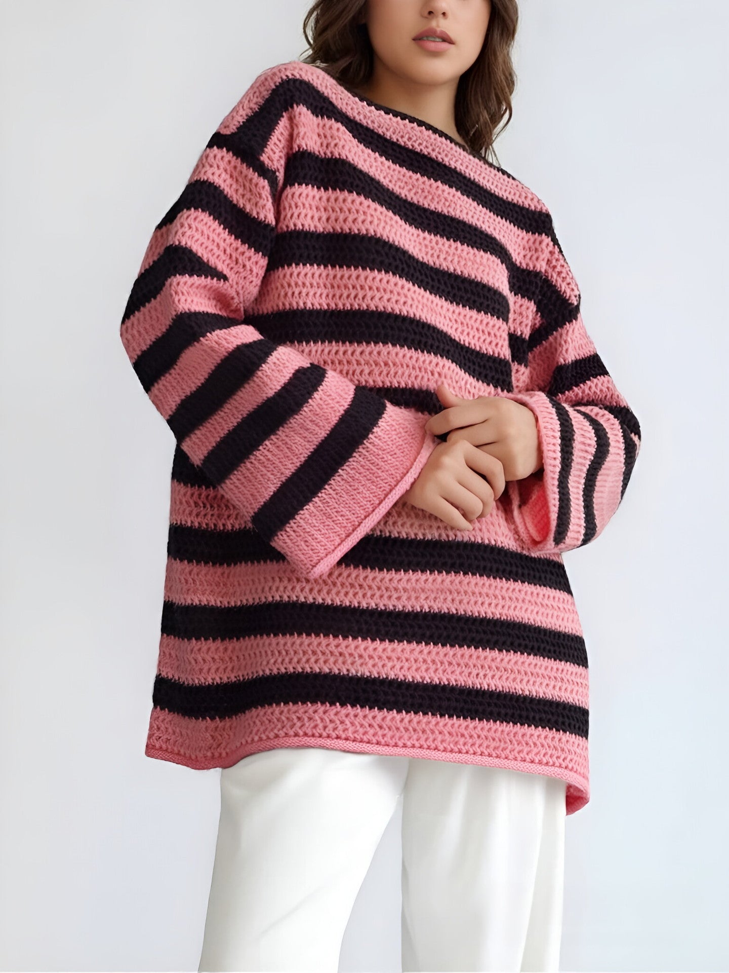 Damen Grobstrickpullover Streifenmuster Lässig Beige