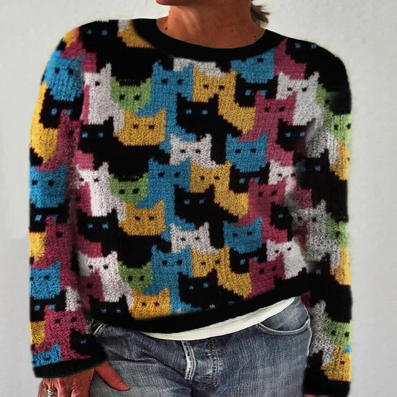 Damen Strickpullover Katzenmuster Norvielle
