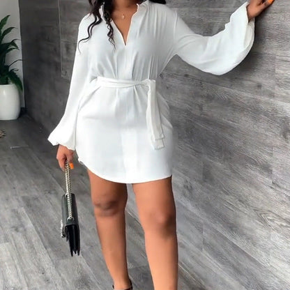 Damen Hemdblusenkleid mit Taillengürtel und Ballonärmeln Norvielle