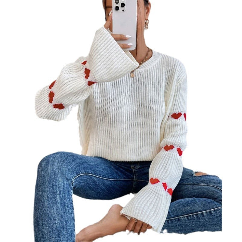 Damen Strickpullover Weite Ärmel Herz Applikationen Norvielle