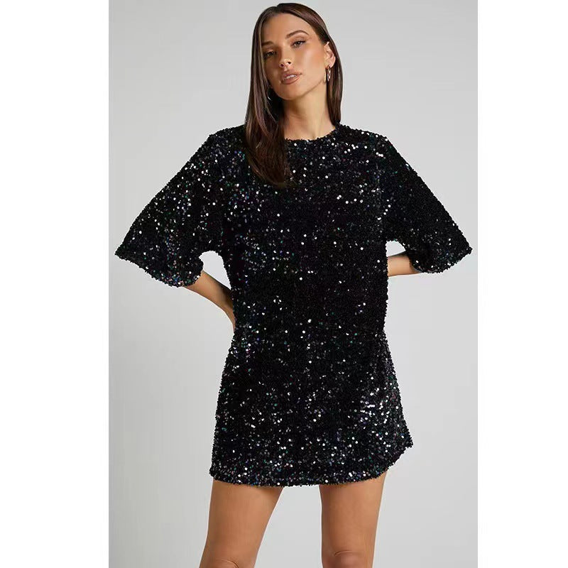 Damen Minikleid Pailletten Weite Ärmel Norvielle