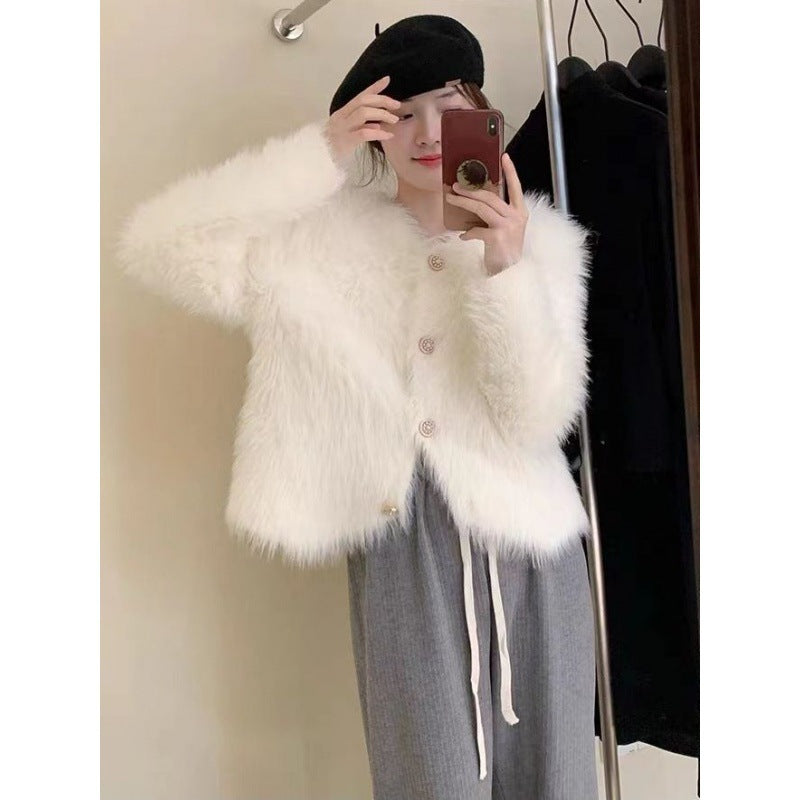 Damen Kurzjacke Flauschig Knopfdesign