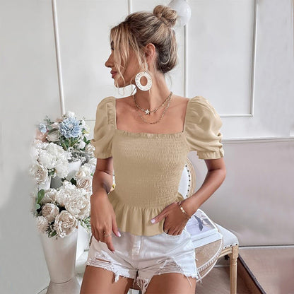 Damen Bluse mit Puffärmeln Elastisch Beige