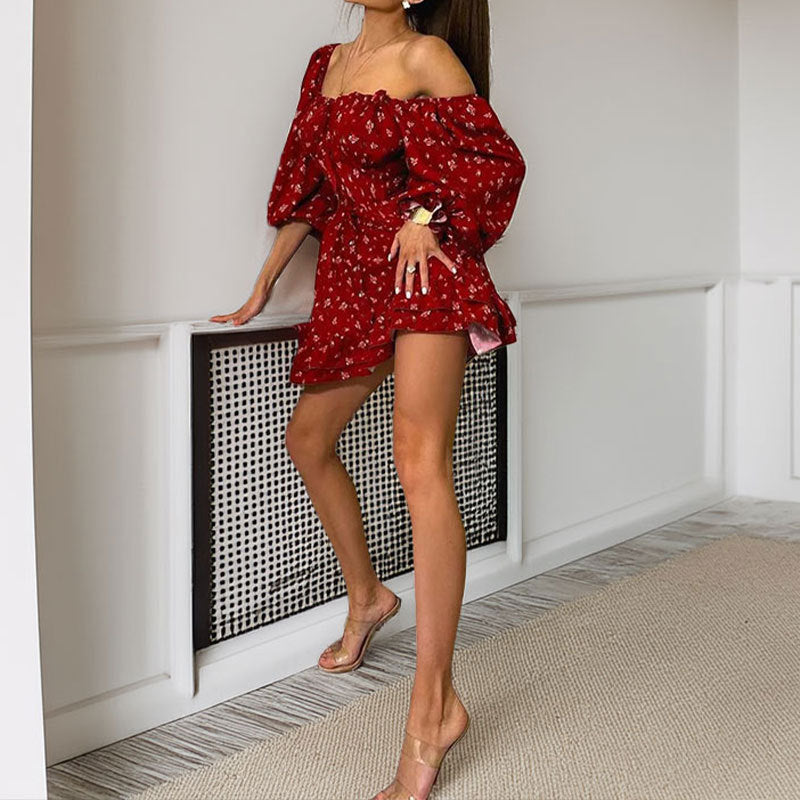 Damen Minikleid Schulterfrei Rüschen Saum Norvielle