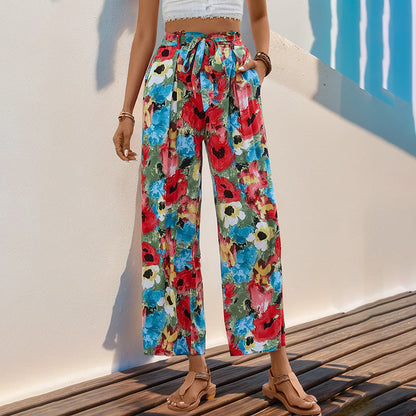 Damen Hose Weites Bein Floralmuster Elastisch