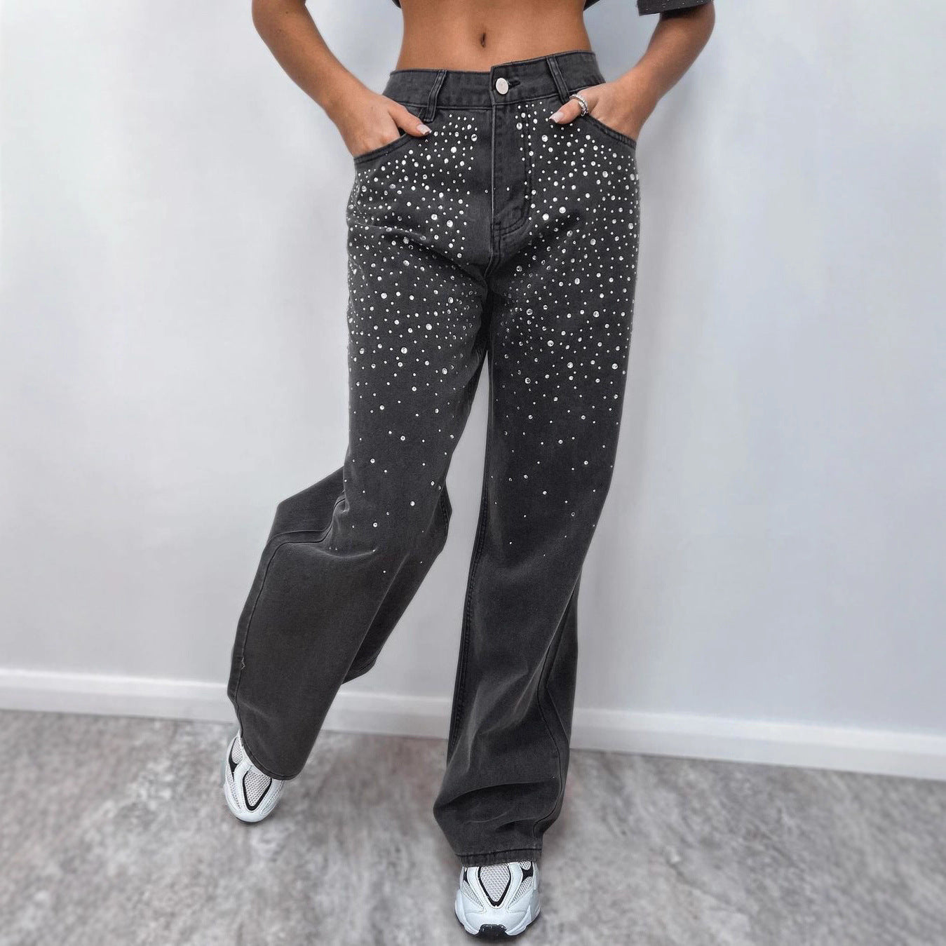 Damen High-Waist Jeans mit Glitzerdetails dunkelblau Norvielle