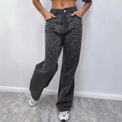 Damen High-Waist Jeans mit Glitzerdetails dunkelblau Norvielle