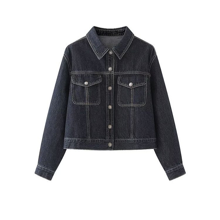 Damen Jeansjacke Klassischer Kragen 2 Brusttaschen Blau - Norvielle